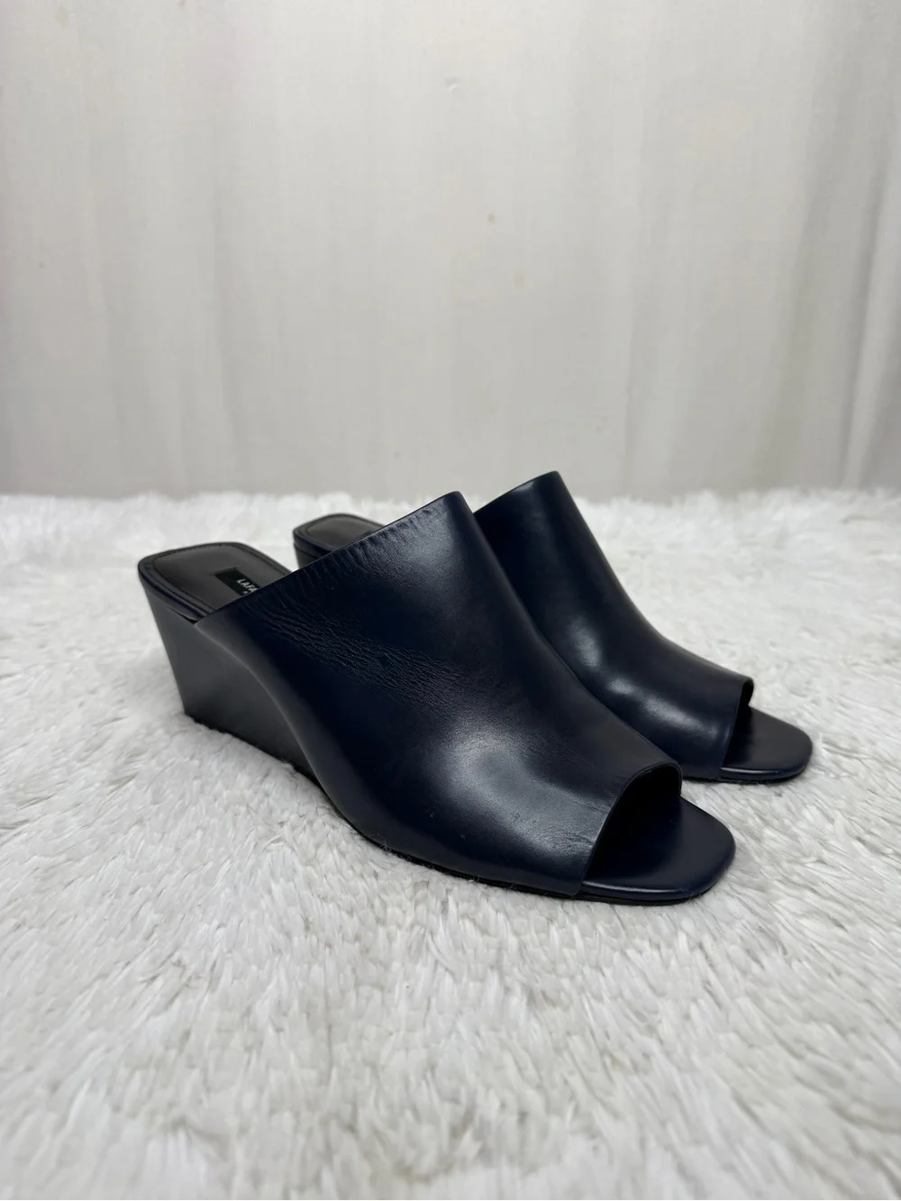 LAFAYETTE 148 / Hayvin navy blue leather slip on wedge mule heels / 8
